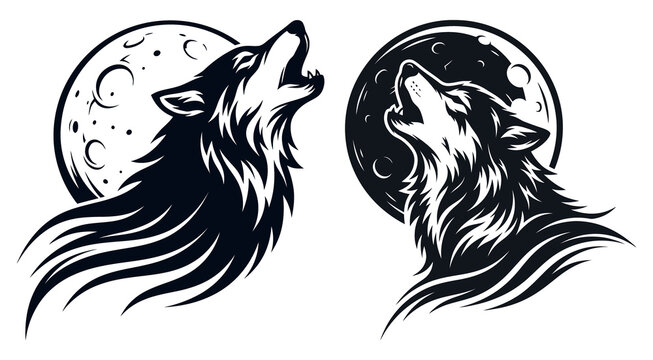 Set of two howling wolves under the full moon silhouette vector illustration with wildlife, predator