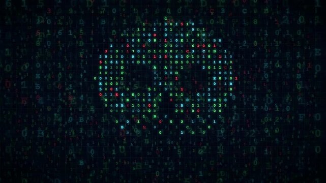 Digital binary code background with glowing abstract shapes and data processing animations on dark screen