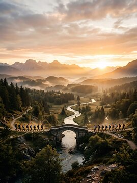 Group hiking across rustic stone bridge in golden hour mountain landscape with misty valleys