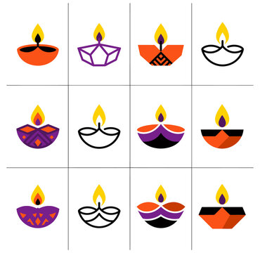 Collection of various traditional diya lamp icons for diwali festival with festival, illustration