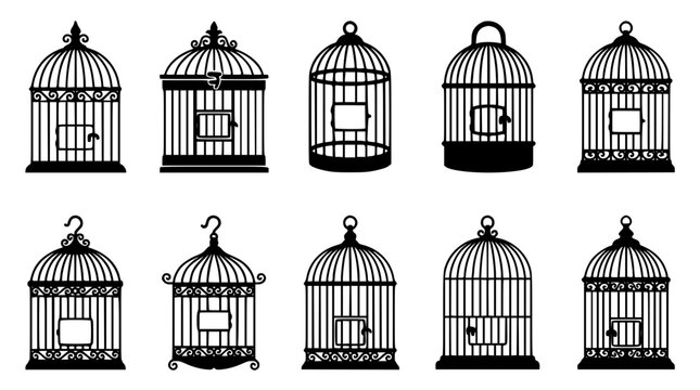 Vintage Birdcage Black Silhouette Icon Set Featuring Varied Decorative Domed Wire Enclosures Ornate Metalwork Finials and Hanging Hooks for Bird Pet Enclosure Vector Design