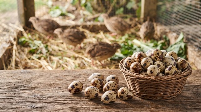 Fresh Quail Eggs in Rustic Setting: A close-up view of a woven basket overflowing with speckled quail eggs, placed on a weathered wooden surface, with several quail foraging in the background.