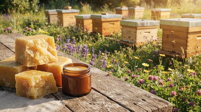 Golden Harvest: A rustic wooden table displays golden beeswax blocks and a jar of honey, set against a backdrop of apiaries buzzing with activity under the warm sun.