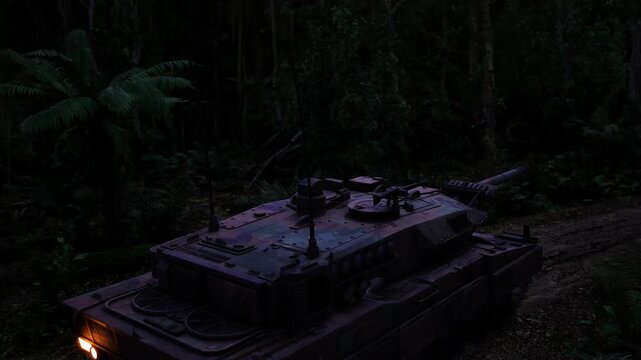 Tank roof bathed in rainforest shadow, wet leaves clinging to armor, faint reflections on turret hatches, ambience heavy with moisture and secrecy, surveillance