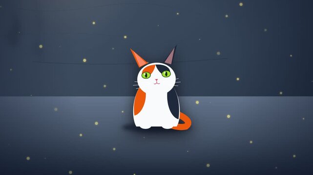 Adorable calico cat sits peacefully under a starry night sky.