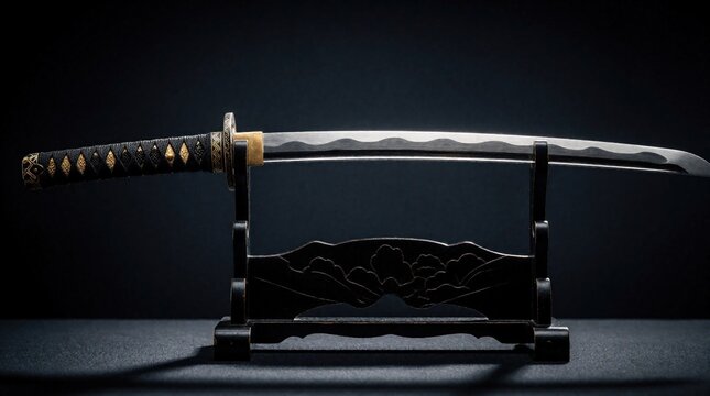 Sharp katana sword rests on ornate black stand. Metal blade gleams, handle wrapped in black and gold cord. Dark background emphasizes craftsmanship detail.