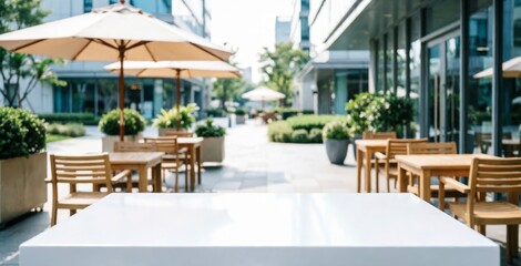 Fototapeta premium Outdoor Café Seating with Umbrellas and Wooden Tables for Web Design