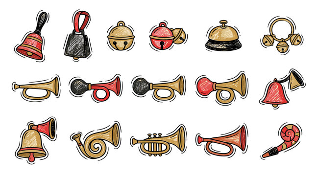 Collection of vintage brass and metal musical instruments and accessories