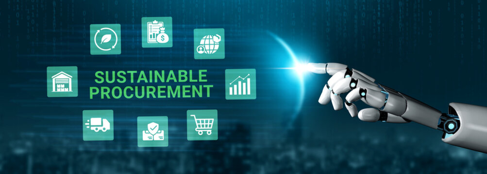 A robotic hand engages with sustainable procurement symbols in a digital setting, illustrating the integration of technology and eco-friendly business approaches for future growth. Ledger
