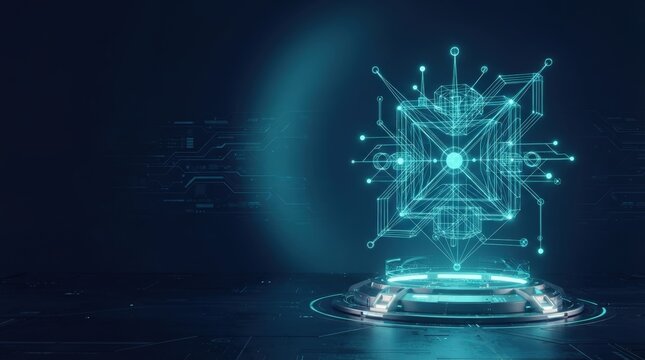 Abstract digital hologram of interconnected nodes and pathways on glowing base, studio lighting, top-down perspective, tech-inspired mood.