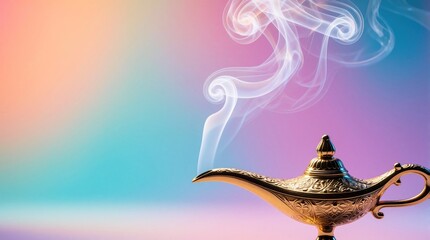 Obraz premium Ornate golden oil lamp releases white smoke against colorful gradient background. Magical genie vessel features intricate engraved metal patterns, elegant curved handle. Fantasy object emits swirling