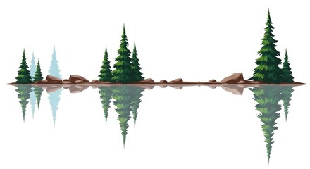 Evergreen forest trees and rocks reflected in calm water, minimalist nature illustration with mirror effect © minal
