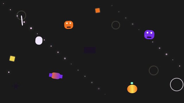 Abstract halloween festive pattern animation featuring floating geometric shapes and stylized holiday icons in constant motion with shapes moving diagonally