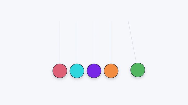 Animated pendulum balls swinging rhythmically across three sets against minimalist neutral background setting motion graphics with swinging repetitive rhythmic