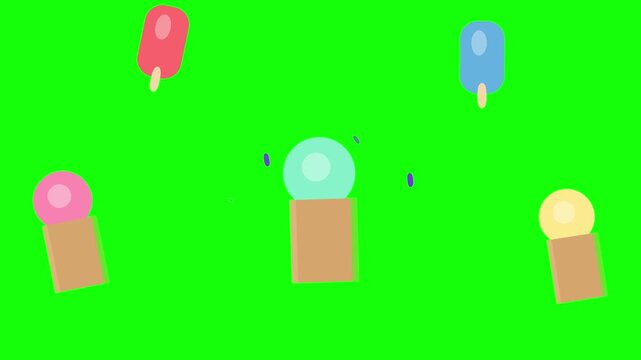 Animated flat vector popsicles and spherical icons floating against a bright green screen background with animation colorful popsicles rhythmically against solid