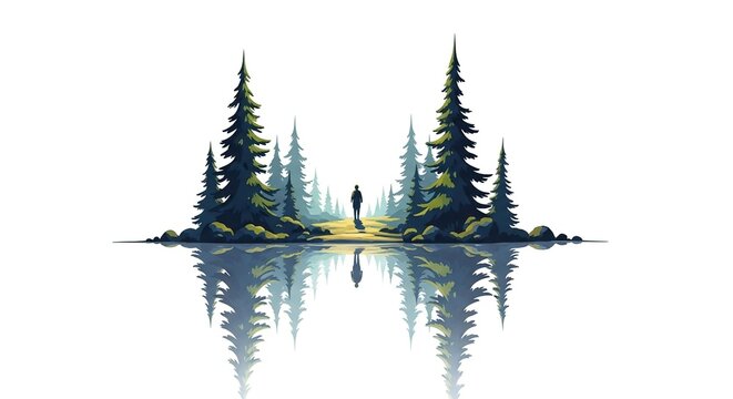 Serene Forest Reflection: Lone Figure on Pine Tree Shoreline Meets Calm Water
