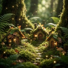 Obraz premium Miniature fairy houses sit on mossy forest floor among green ferns. Small wooden bungalows with tiny doors look like gnome dwellings. Glowing lights illuminate magical village scene inside dark woods