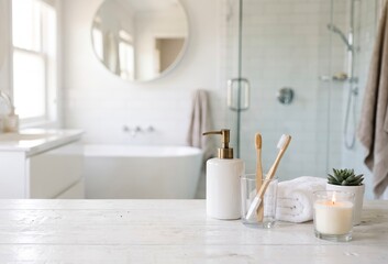 Fototapeta premium Minimalist Bathroom Vanity with Toothbrushes and Candle for Home Decor