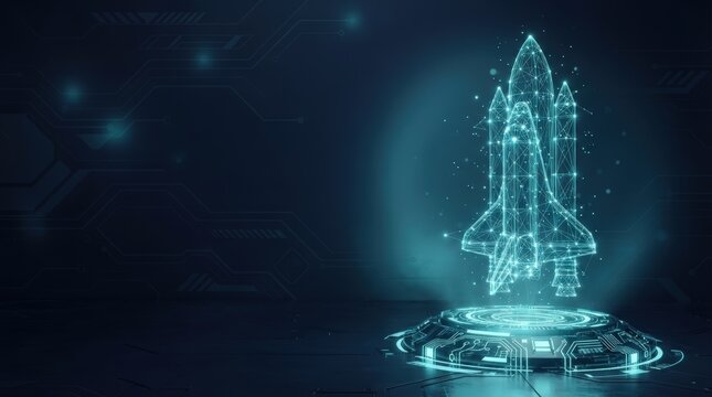Digital illustration of a glowing rocket on a launchpad, futuristic lighting, abstract space background, studio-style composition, evoking innovation and technology.