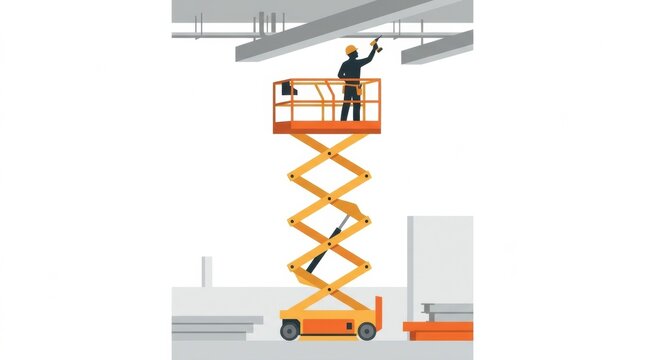 Workers are using a scissor lift to install parts of a crane in a construction area. Safety gear is worn for protection.