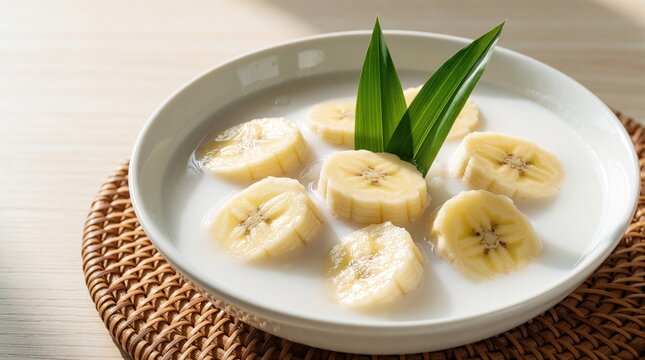 Bowl of Kolak Pisang served with creamy coconut milk, green pandan leaf. Traditional Indonesian sweet dessert contains sliced banana fruit in sugar sauce. Tasty vegan meal prepared for healthy