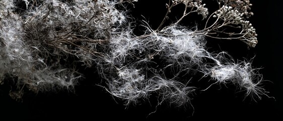 Naklejka premium Delicate white fluff on dried plant stems against a stark black background