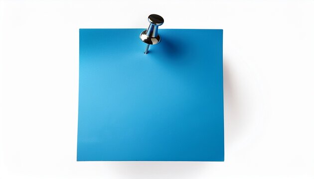 blue sticky note paper pinned with a metal push pin isolated on white background