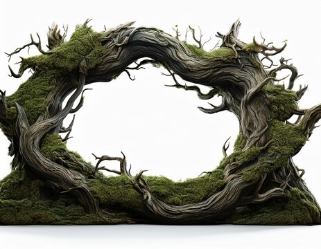 gnarled and twisted ancient tree branches forming a dark moss covered frame isolated on white background