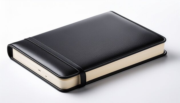 a sleek black leather bound notebook with textured cover and cream pages isolated on white background