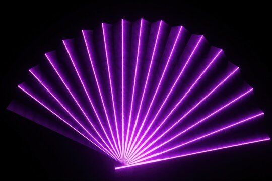 Bright purple neon fan shape glows in dark space. Futuristic light rays create geometric semicircle pattern against black backdrop. Modern digital art style lines form symmetric layered structure.
