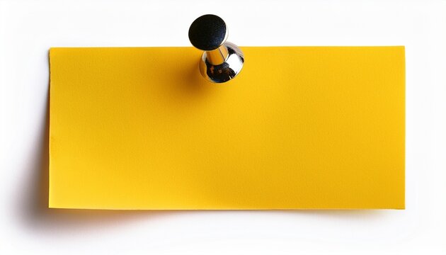 yellow sticky note paper attached with a metal push pin isolated on white background