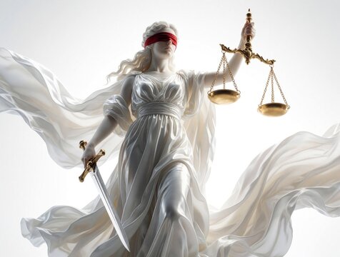 White marble statue of blindfolded goddess Themis holds golden balance scales, sword. Ancient Greek mythological figure represents legal fairness, impartial judgement. Flowing fabric drapes elegant