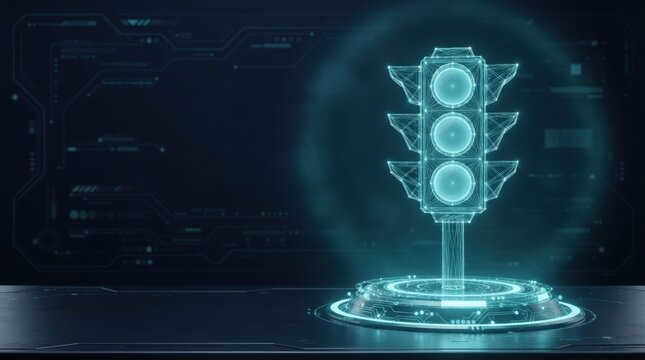 Digital traffic signal hologram displayed on glowing circular platform with futuristic tech interface, studio lighting, top-down camera angle, high-tech mood.