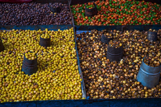 Roasted chickpeas and beans street food market display in Asia with copy space