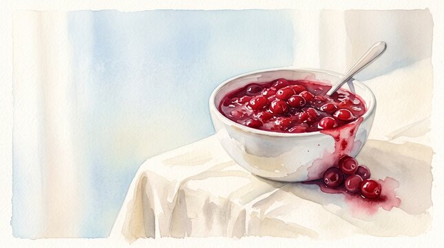 Bowl of cranberry sauce with spoon on table, concept of Thanksgiving Canada  