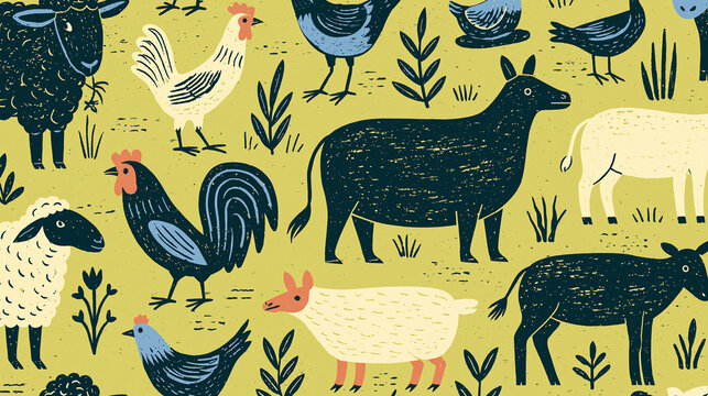 Colorful farm animals illustration with a whimsical, playful style.
