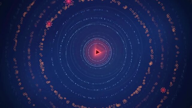 Abstract futuristic digital interface with rotating concentric circles and glowing red geometric center element