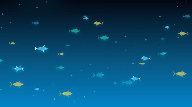 School of vibrant fish swimming in a deep blue ocean at night, with tiny bubbles rising.