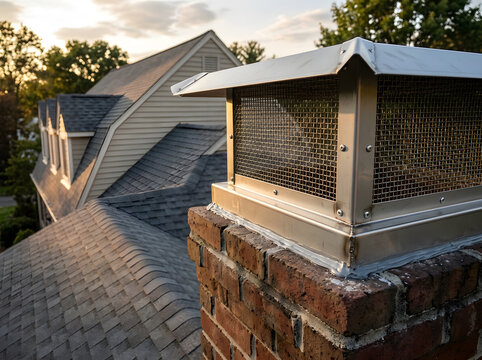 Stainless steel chimney cap installation | Protective mesh screen for chimney | Brick chimney with spark arrestor | Residential roof maintenance and repairs | Protecting fireplace from wildlife and ra