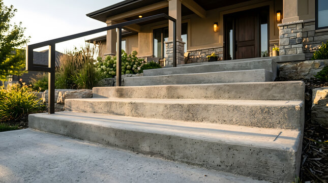 Modern outdoor concrete stairs with metal handrail | Residential front entrance landscaping design | Poured concrete steps for luxury home | Curb appeal with stone facade and concrete porch