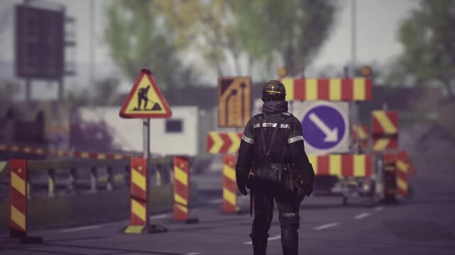Civil defense operative at barricade preparing perimeter checks, heavy reflective stripes on uniform, caution signage and directional markers, quiet morning