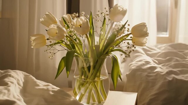 White tulips in vase on bedside table in sunny bedroom