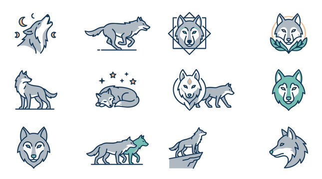 Pixel art icon set of wolves in various poses including howling, running, sleeping, wolf head