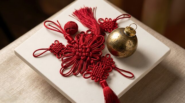 Handmade red yarn christmas decoration with gold baubles