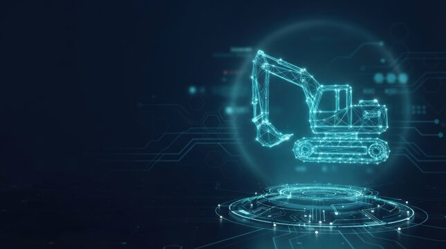 Digital illustration of a wireframe excavator on a futuristic tech circuit background, glowing blue tones, studio lighting, top-down perspective.