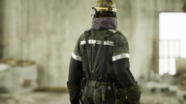 Firefighter gearing up inside derelict shell, checking straps and oxygen pack, reflective strips catching pale light, mood quiet and determined before entry.