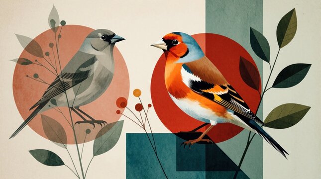Geometric illustration features two birds grey finch, colorful European goldfinch, in abstract botanical elements. Artwork uses muted color palette with circles, leaves. Modern graphic art style.