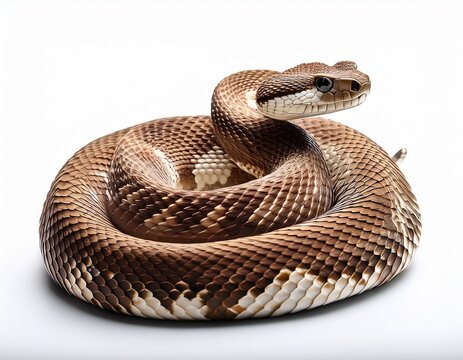 rattlesnake coiled isolated on a white background ready to strike its fangs and patterned scales with pit viper