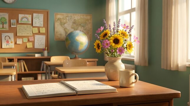 A serene and heartwarming classroom scene bathed in sunlight celebrates the dedication and impact of teachers on students' lives honoring their profession