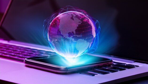 smartphone projecting holographic earth globe with purple and blue neon glow laptop computer in background representing global technology and connectivity